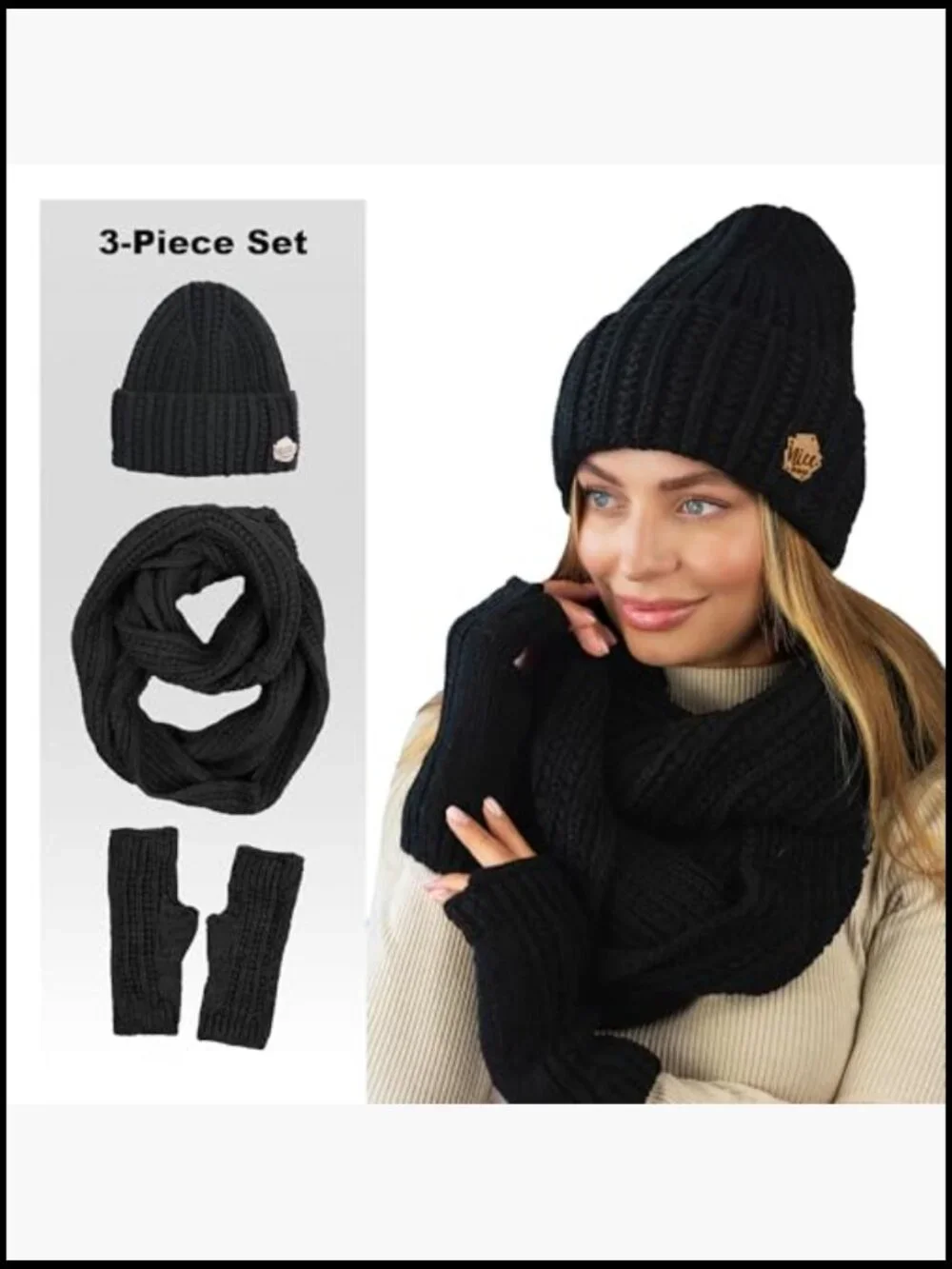 3-Piece Knit Winter Hat Scarf Glove Set, Fingerless Mittens